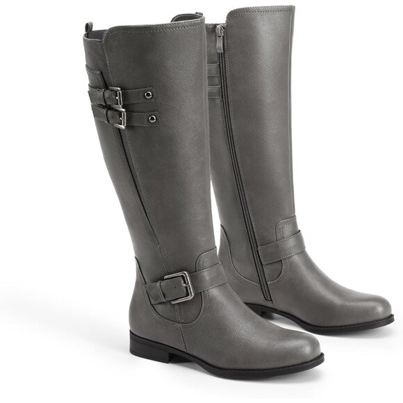 Women's Faux Leather Grey Knee High Buckle Chunky Heel Flat Riding Pirate Boots - Picture 3 of 7